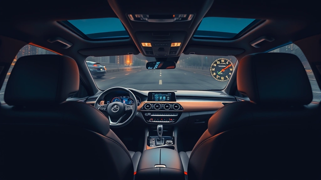 Luxury sedan interior dashboard featuring premium leather seats, ambient lighting, and modern infotainment touchscreen display in warm cabin lighting