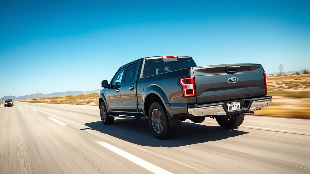 Dynamic action photograph of a full-size pickup truck accelerating on open highway, motion blur suggesting speed and capability, clear blue sky and vast landscape, emphasizing truck's powerful presence and confident handling