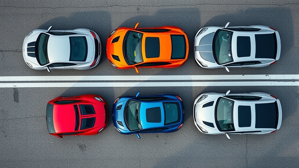 Overhead perspective of all six featured 2024 vehicles arranged symmetrically on pristine asphalt, showcasing diverse automotive design philosophies from sports cars to luxury SUVs