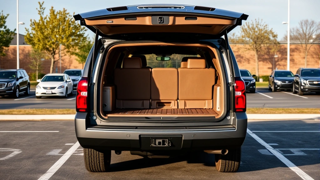 Chevrolet Suburban full-size SUV photographed from rear three-quarter angle in parking lot, spacious cargo area visible through open liftgate, premium trim details