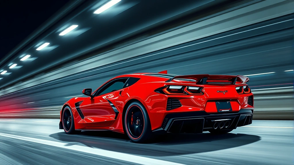 High-speed photography of 2024 Chevrolet Corvette Z06 in torch red metallic, mid-engine supercar profile, dramatic low angle, aerodynamic body kit visible, premium automotive lighting, polished surfaces reflecting light, dynamic composition