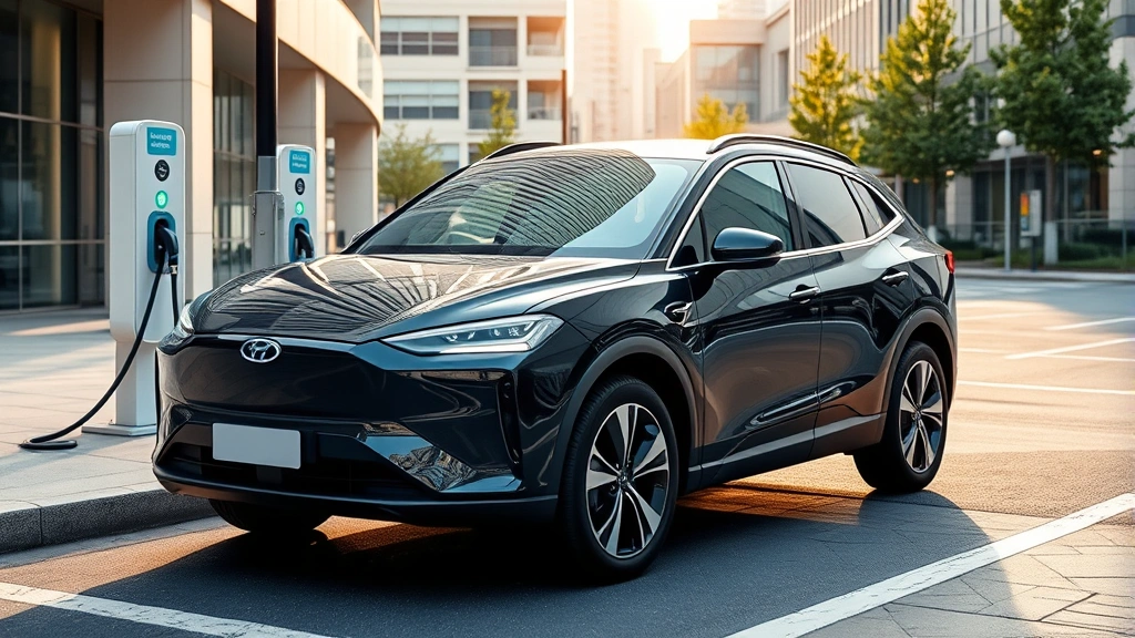 Electric SUV charging at public charging station, sleek design with modern LED headlights, surrounded by urban environment with contemporary architecture
