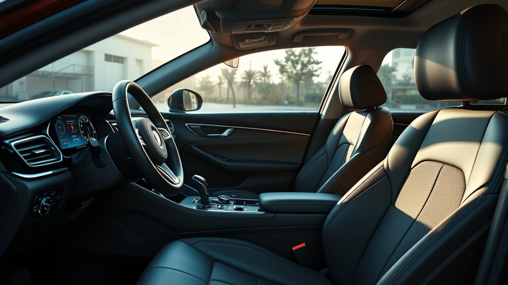 Luxury sedan interior showing leather seats, advanced infotainment touchscreen, premium steering wheel, ambient lighting, professional studio lighting on details