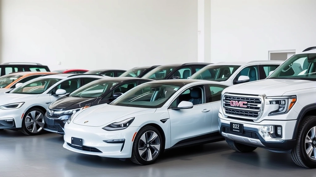 Diverse vehicle lineup including electric car, SUV, sedan, and truck parked together in modern automotive facility showroom environment
