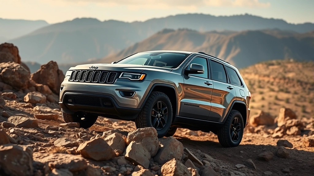 Rugged 2024 Jeep Grand Cherokee Trailhawk navigating rocky off-road terrain, showcasing four-wheel-drive capability and outdoor adventure positioning, dramatic landscape background with natural lighting highlighting vehicle's capable design