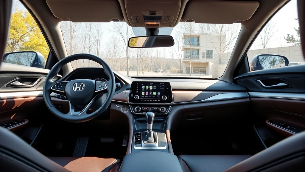 2024 Honda Accord Hybrid interior cabin view showing steering wheel, modern dashboard with touchscreen, leather seats, premium automotive interior design, natural daylight through windows, sophisticated and refined styling