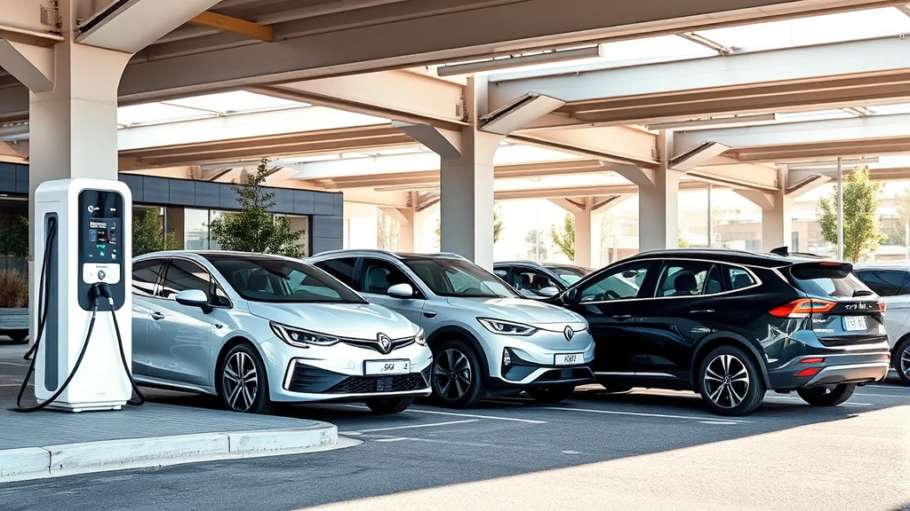 Electric charging station with multiple vehicles including hybrid, plug-in hybrid, and battery electric vehicle parked nearby, modern infrastructure setting, contemporary urban environment, bright daylight