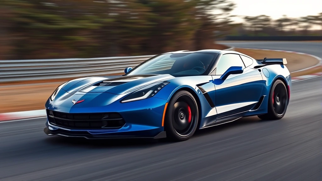 Chevrolet Corvette mid-engine sports car in metallic blue photographed on winding track with blurred background emphasizing speed