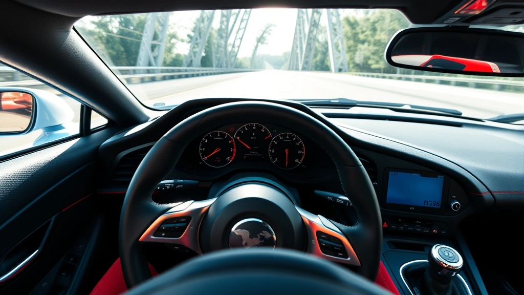 High-performance sports car interior dashboard featuring steering wheel, digital instruments, and premium materials, photographed from driver's perspective with sunlight streaming through windshield