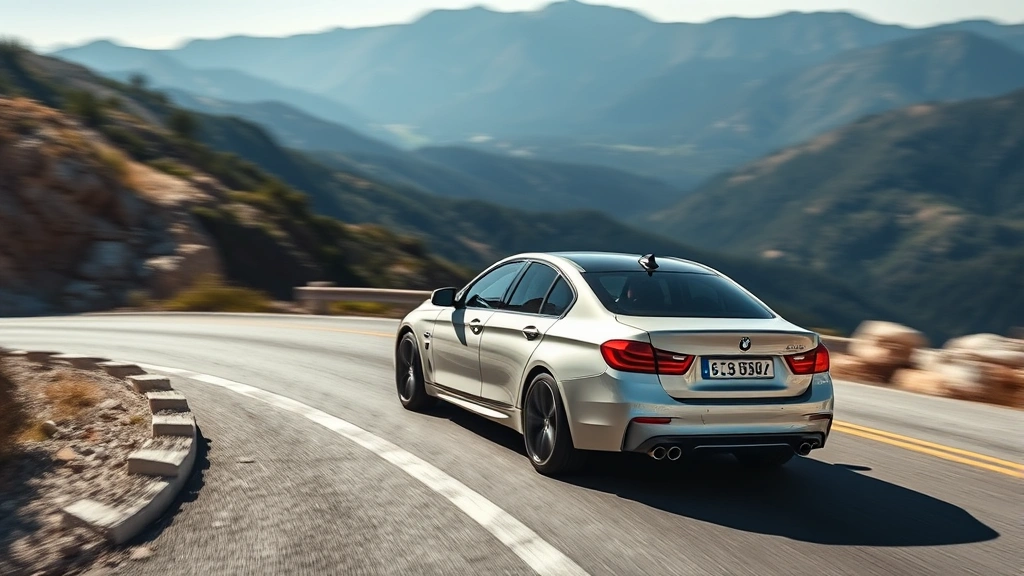 Sedan cornering on winding mountain road, dynamic driving position, blurred landscape background, professional automotive action photography, clear daylight conditions