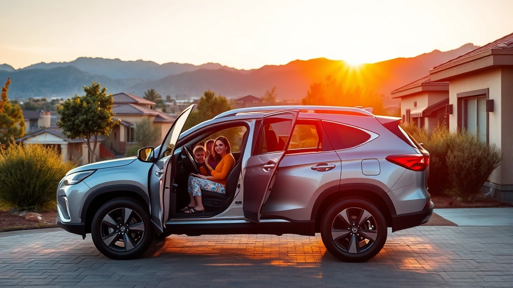 Family SUV parked in suburban driveway at golden hour with mountains in background, showing spacious interior and modern exterior design, lifestyle automotive imagery