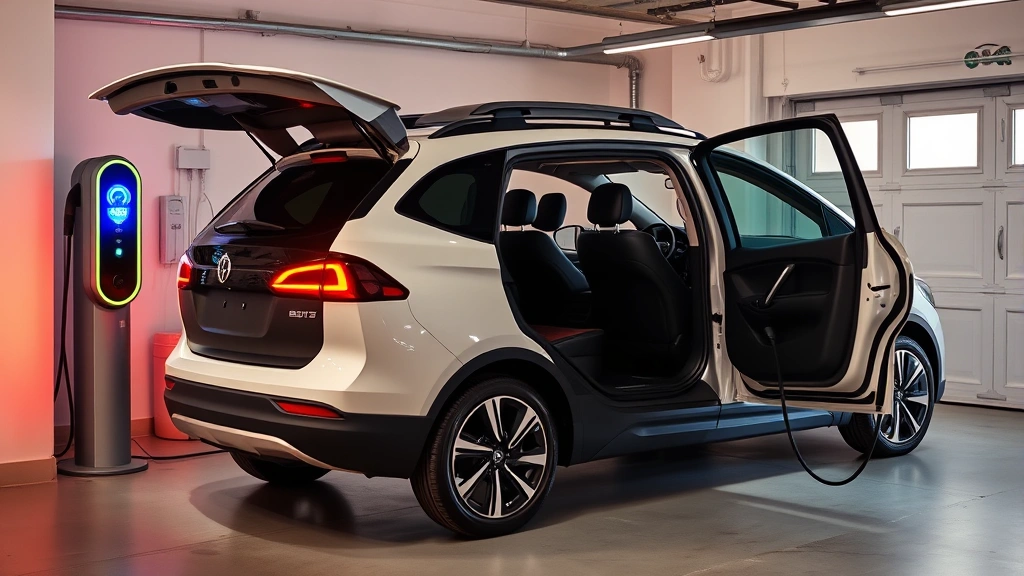 Electric family vehicle charging at home charging station in residential garage, vehicle displayed with open doors showing spacious interior seating, modern charging equipment, clean contemporary setting