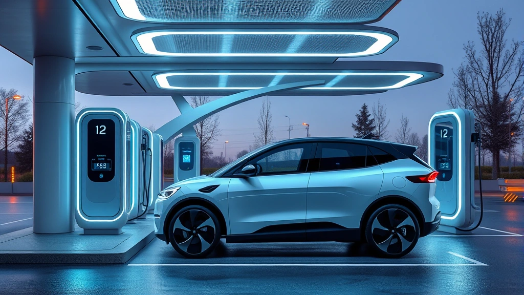 Modern electric vehicle charging at fast-charging station with futuristic design elements, showcasing contemporary automotive technology and sustainable transportation innovation