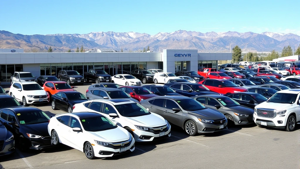 Diverse lineup of sedans, SUVs, and trucks representing various automotive brands parked in organized dealership lot with mountains in background