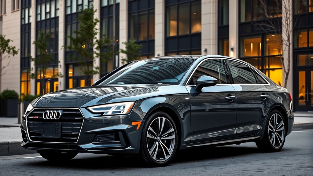 Premium gunmetal gray Audi A4 luxury sedan parked in upscale urban environment with contemporary architecture, emphasizing refined design proportions, LED headlight technology, and executive presence