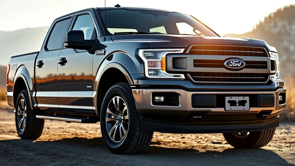 Ford F-150 Hybrid pickup truck in dark gray, photographed from front-quarter angle in outdoor setting, truck bed visible, rugged capability evident, morning sunlight illuminating vehicle surfaces, no visible signage or markings