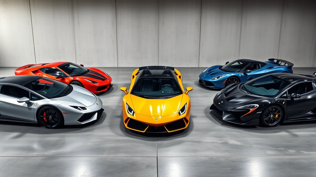 Exotic sports car collection lineup featuring Ferrari, Lamborghini, and McLaren vehicles parked symmetrically on polished concrete surface with neutral gray background, showroom quality lighting