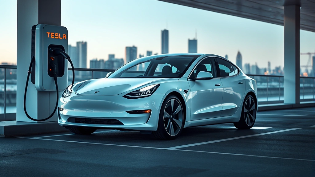 White Tesla Model 3 electric sedan charging at modern charging station with city skyline visible in background, representing sustainable future of automotive technology