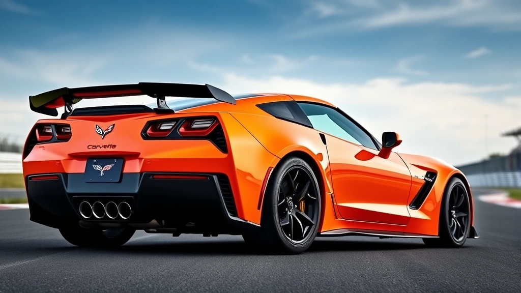 Chevrolet Corvette Z06 sports car in atomic orange, photographed from elevated three-quarter rear angle on a racetrack, displaying carbon-fiber accents and aggressive aerodynamic package, professional motorsport photography, dramatic sky background, no visible text elements