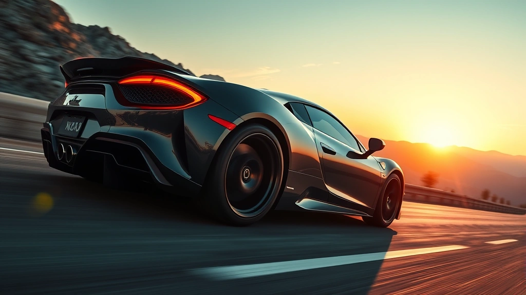 High-performance sports car dynamic action shot on mountain road, sharp focus on wheels and aerodynamic body lines, sunset lighting