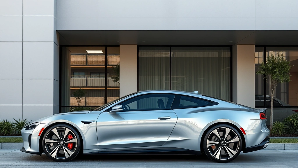 Luxury electric sports car in silver or blue metallic paint parked in contemporary setting, side profile view, premium design details, no badges visible