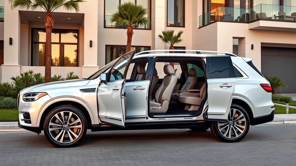 Three-row luxury SUV in pearl white exterior color parked in upscale residential setting with modern architecture, showcasing spacious interior seating arrangement through open door