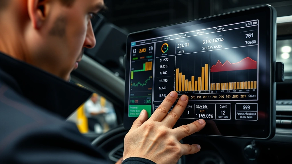 Close-up of automotive technician reviewing vehicle performance data on digital display screen, with technical specifications and metrics visible, professional automotive workshop environment