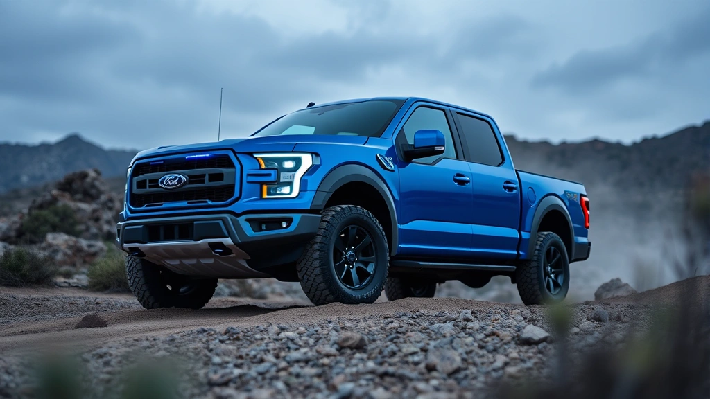 Blue Ford F-150 Lightning electric truck in rugged terrain environment, modern pickup truck design, advanced LED lighting, off-road capability demonstration