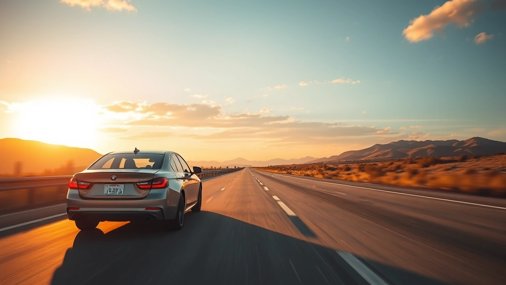 Sedan driving on open highway during golden hour, dynamic motion shot emphasizing performance and road presence, scenic landscape background