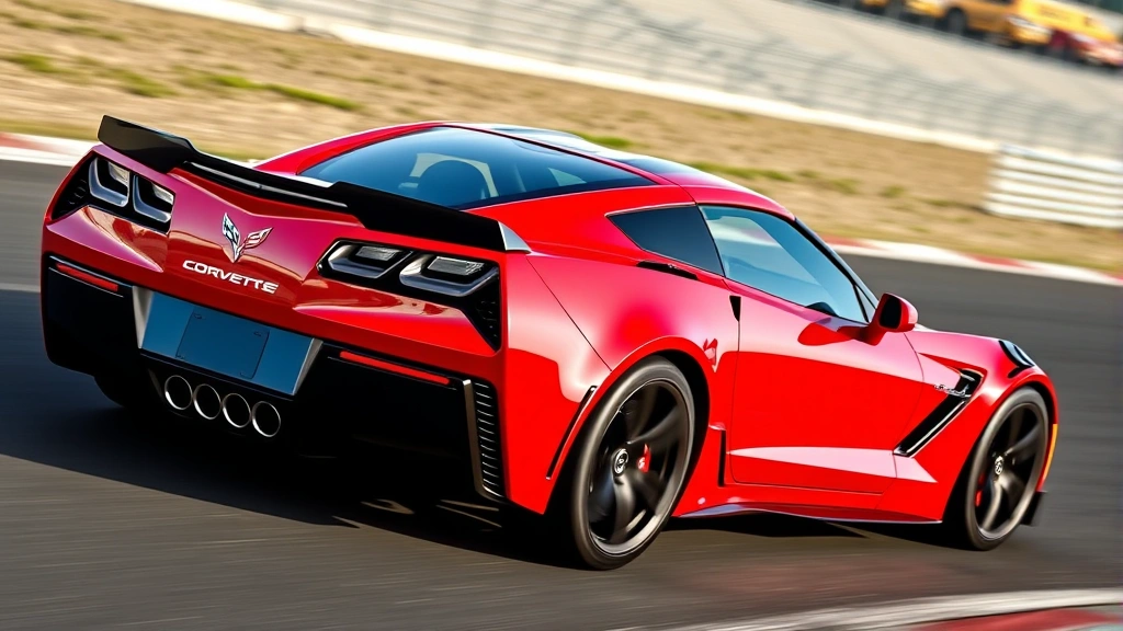 Chevrolet Corvette Z06 supercar in red, dynamic rear quarter angle, muscular curves, visible engine bay, professional track photography, motion-implied composition