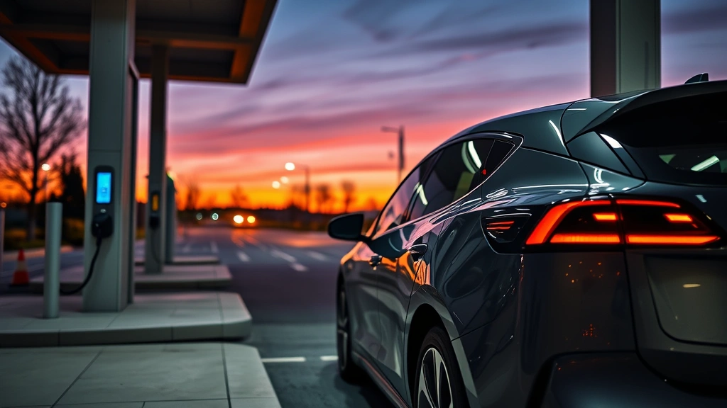 Electric vehicle charging at modern station at dusk, sleek EV design profile, LED charging indicators illuminated, contemporary charging infrastructure, twilight atmospheric lighting