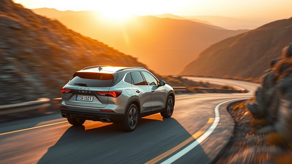 2024 performance SUV on winding mountain road, dynamic driving angle showing cornering capability, professional automotive photography, scenic landscape background, golden hour lighting, vehicle in sharp focus, motion blur on background suggesting speed and agility