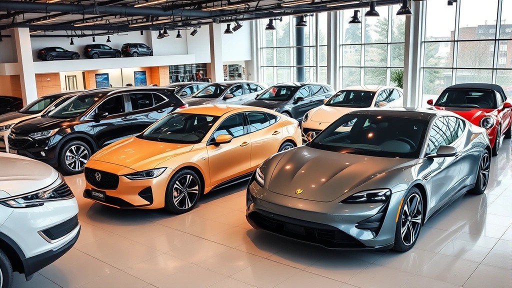 Diverse collection of vehicles parked in showroom: crossover, sedan, sports car, electric model, modern dealership interior, professional lighting