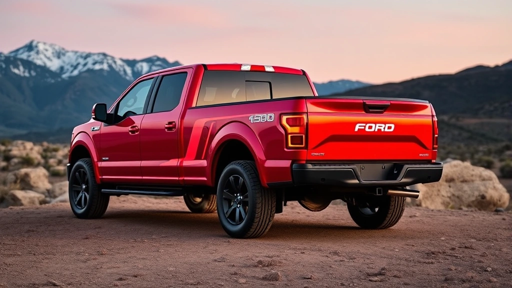 Ford F-150 Lightning electric truck in rapid red, outdoor landscape setting with mountains, showcasing truck bed and innovative design, modern electric vehicle styling