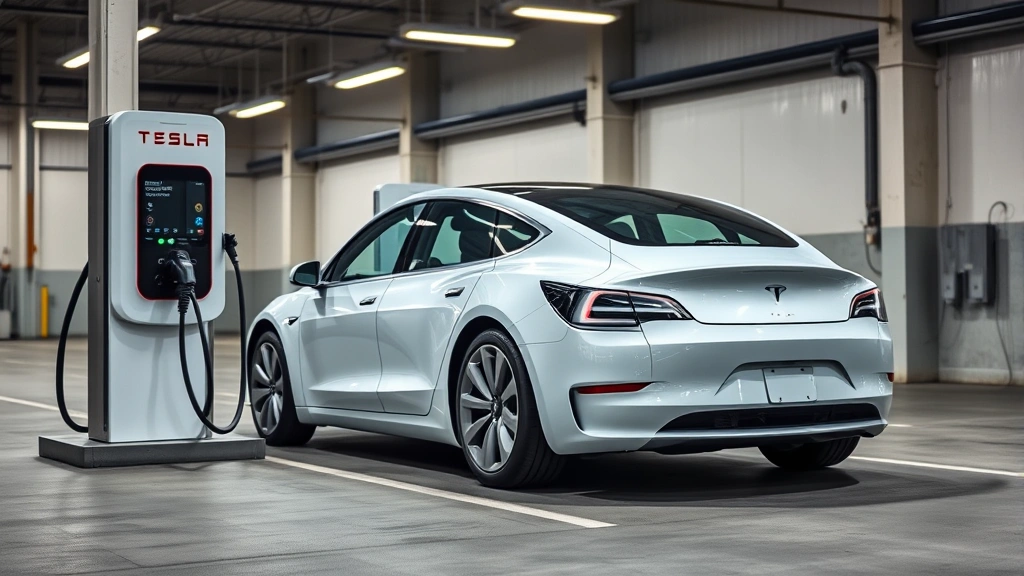 Modern electric vehicle charging station with Tesla Model 3 plugged in, minimalist industrial setting, emphasizing sustainable transportation technology and contemporary automotive future