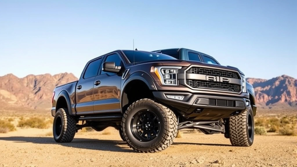 Rugged pickup truck with lifted suspension, all-terrain tires, and modern grille design photographed in desert landscape with mountains