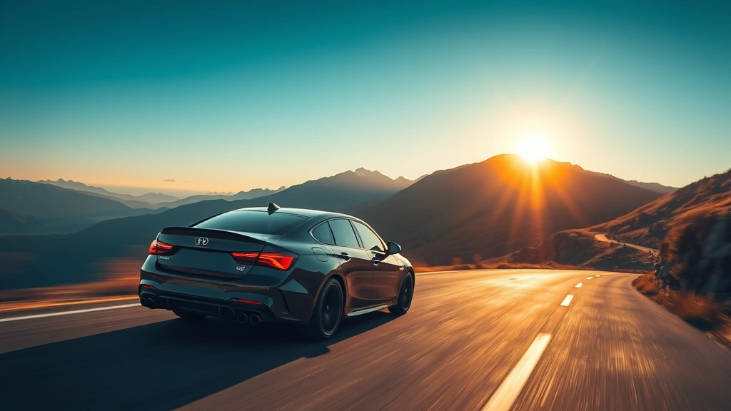 Sporty performance sedan accelerating on mountain road with dynamic motion blur, dramatic landscape scenery, golden hour lighting, professional automotive action photography