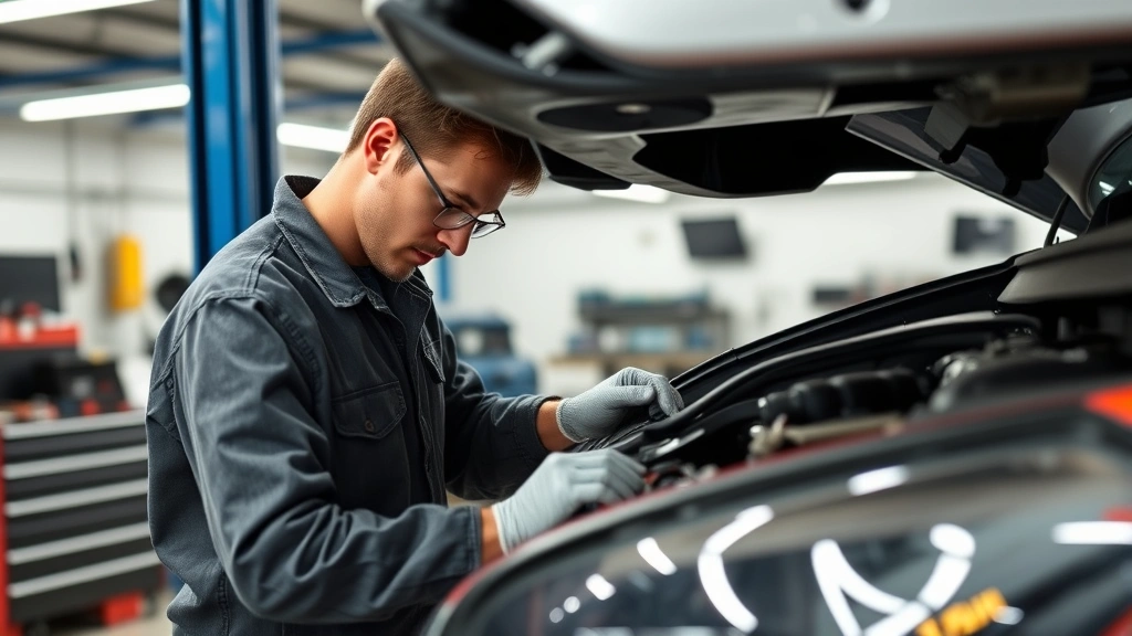 Automotive service technician performing vehicle maintenance in professional garage environment, detailed tools and diagnostic equipment visible, clean well-lit workshop, technician wearing protective gear, precision workmanship focus