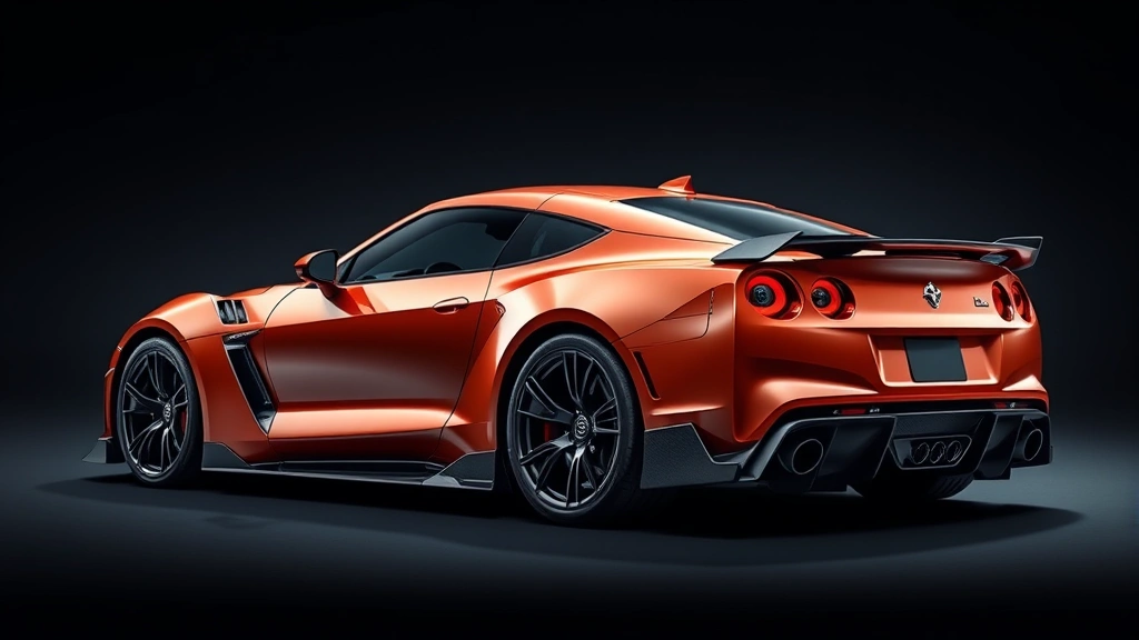 High-performance sports car with aggressive aerodynamic styling, dynamic three-quarter angle, professional automotive photography, dramatic lighting emphasizing design details and engineering