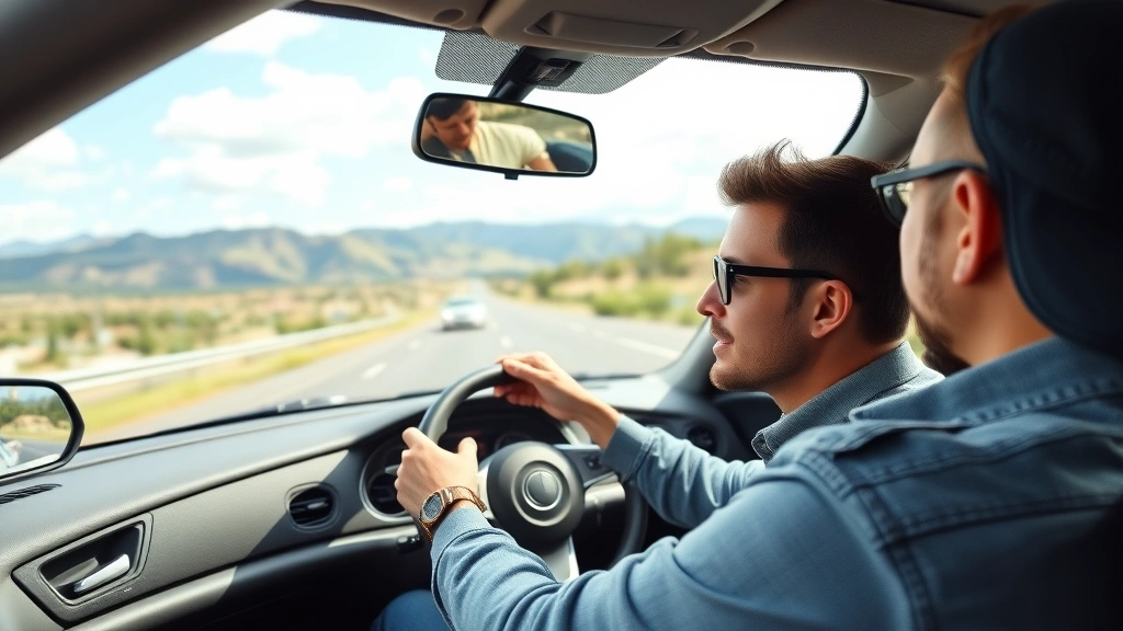Wide shot of customer test driving sedan on open highway with scenic landscape background, hands on steering wheel, focused expression, daytime driving scene