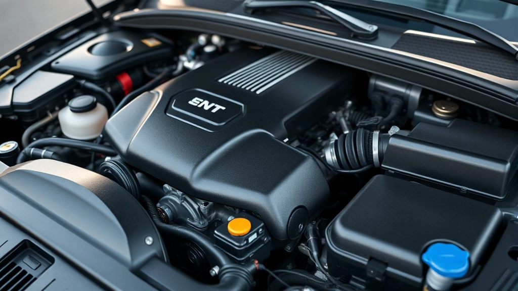 Close-up detail photograph of vehicle engine bay showing engine components, clean mechanical design, professional automotive documentation style, natural lighting emphasizing engineering quality and maintenance accessibility
