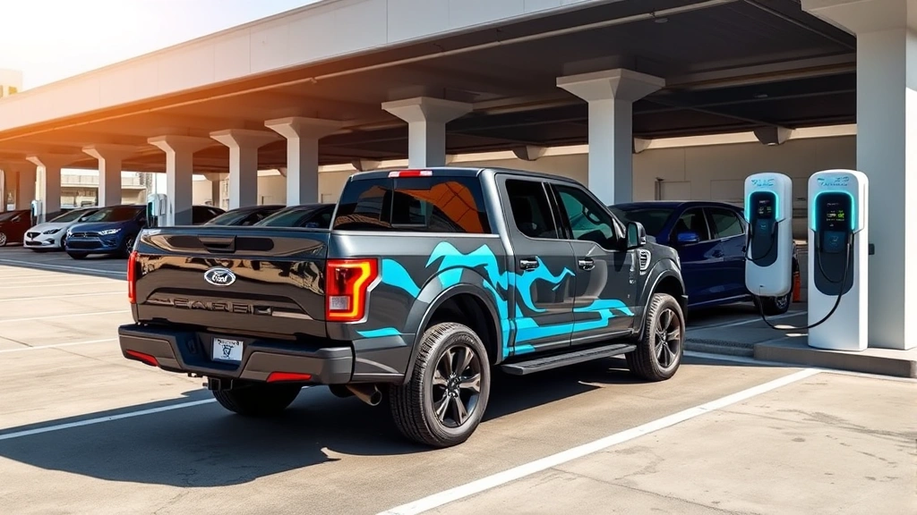 A 2024 Ford F-150 Lightning electric truck parked at a modern charging station with multiple vehicles in a lineup, showcasing the truck bed and innovative design elements under natural daylight