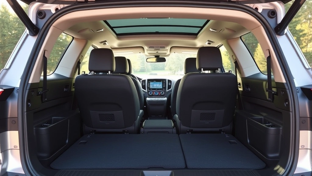 Spacious SUV interior three-row seating configuration, premium fabric upholstery, touchscreen infotainment system, family-friendly cargo space with open hatchback