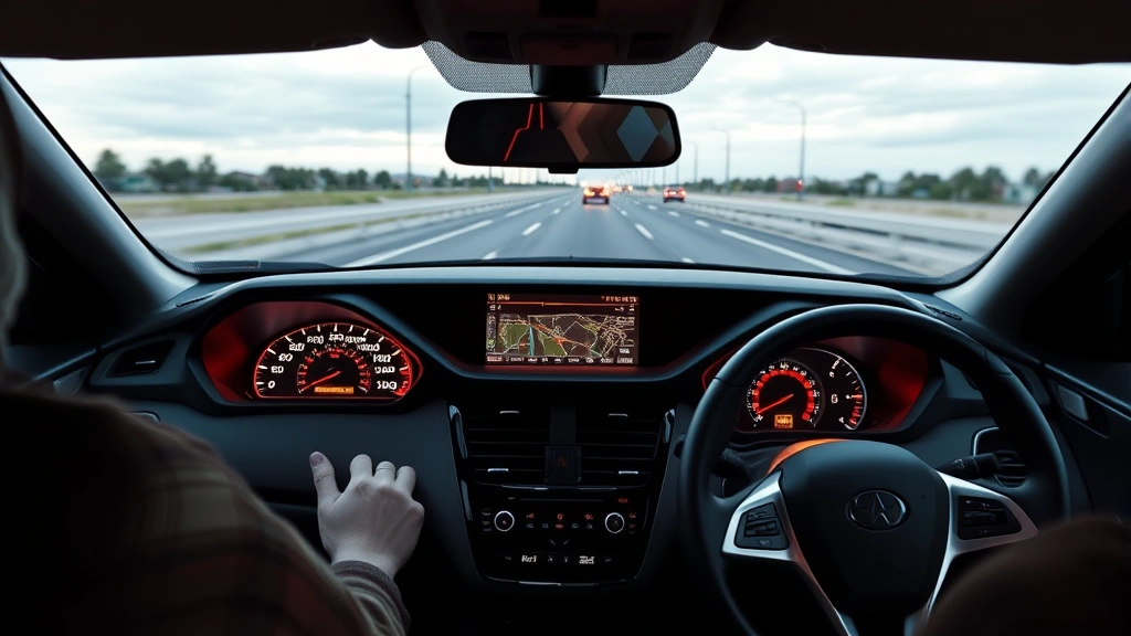 Modern sedan dashboard with illuminated digital instrument cluster, steering wheel controls, and windshield view of open highway driving experience