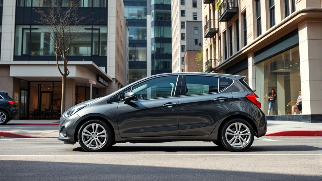 Compact sedan parked in urban downtown setting, contemporary architecture buildings, street-level shops, natural daylight, clean professional automotive photography