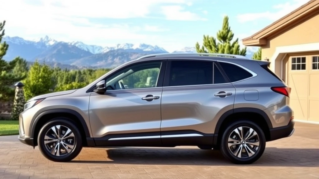 Family SUV exterior three-quarter view parked in residential driveway with mountains visible in background, clean contemporary styling