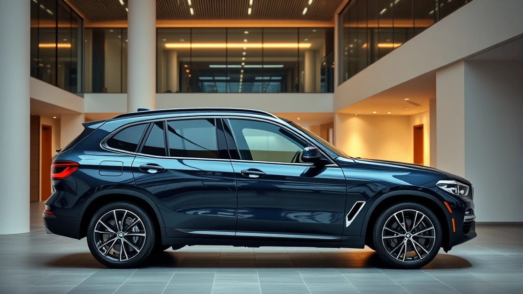 BMW iX xDrive50 midnight blue luxury electric SUV parked in contemporary showroom with modern architecture and ambient lighting