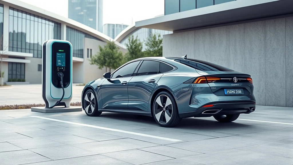 Modern electric sedan charging at contemporary charging station, futuristic design, clean minimalist surroundings with urban architecture
