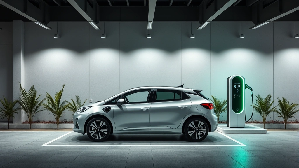 Electric vehicle charging at modern charging station, minimalist design, contemporary setting, clean energy technology focus