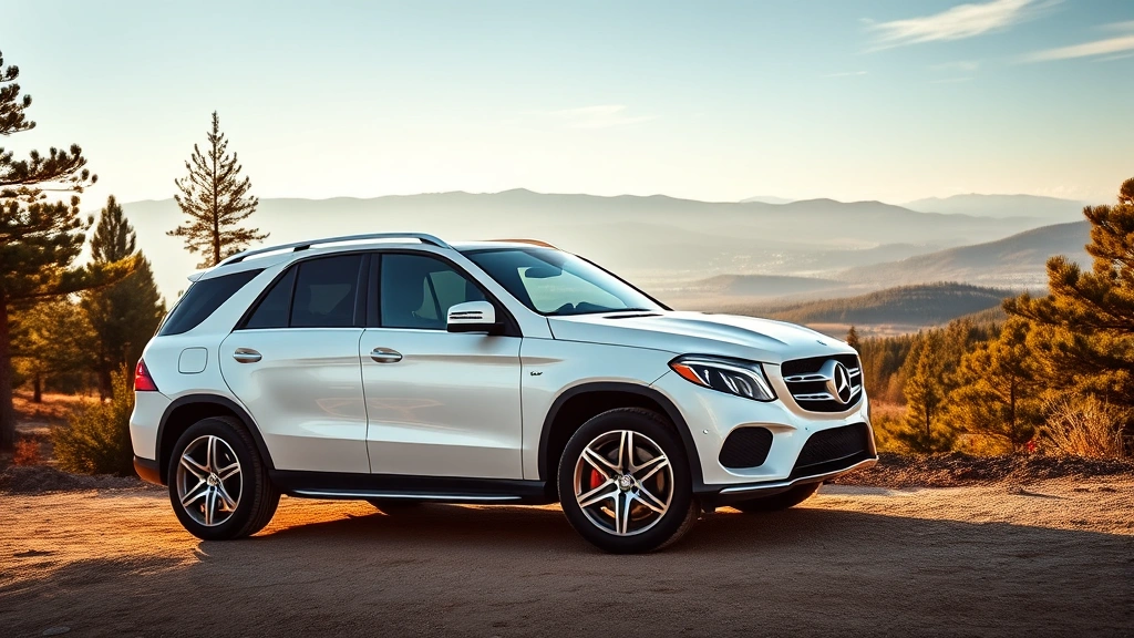 Three-row luxury SUV Mercedes-Benz GLE-Class in pearl white photographed at scenic mountain overlook with pine trees and valley vista in background, warm golden hour lighting, family-oriented lifestyle imagery